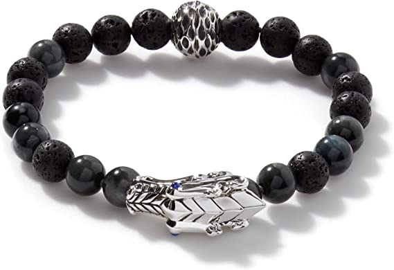 John Hardy Men's Legends Naga Silver Bracelet with Pusher Clasp with 8mm Eagle Eye & 8mm Black Volcanic Beads and Blue Sapphire Eyes